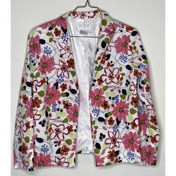 Floral MultiColored Large Silk Club Collection Tropical Beaded Blazer - Picture 1 of 16
